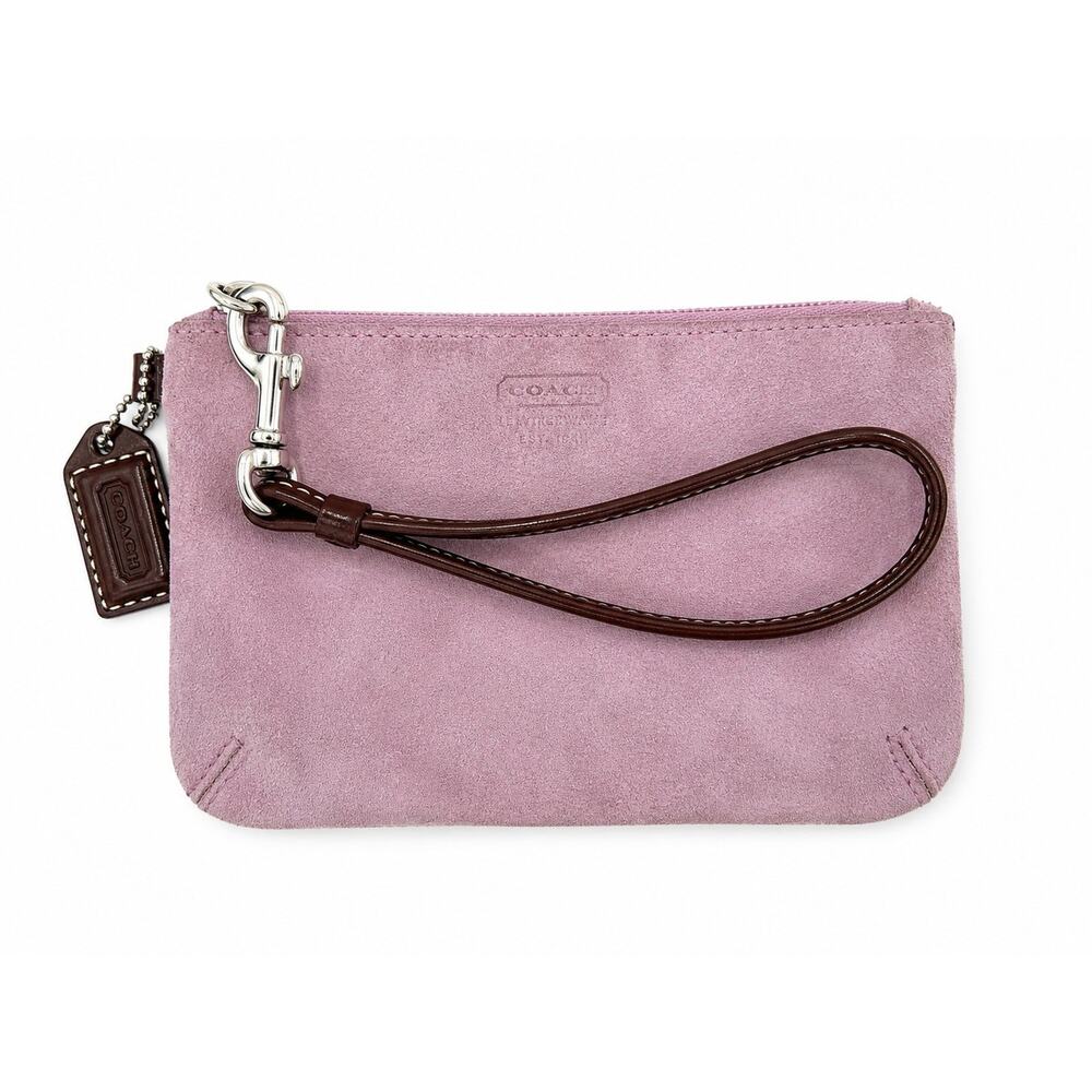 Coach Suede Wristlet Pouch Pink Lilac Mini Bag Leather Strap Y2K Vintage